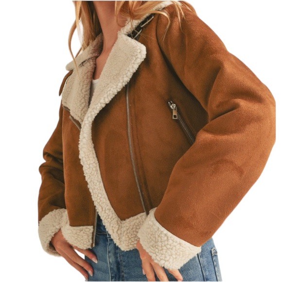 NEW FAUX SHERPA SUEDE BIKER JACKET - CAMEL - Picture 6 of 7